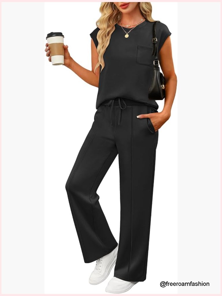 2 Piece Lounge Set Sleeveless Wide Leg Pants Sweatsuit Summer Travel